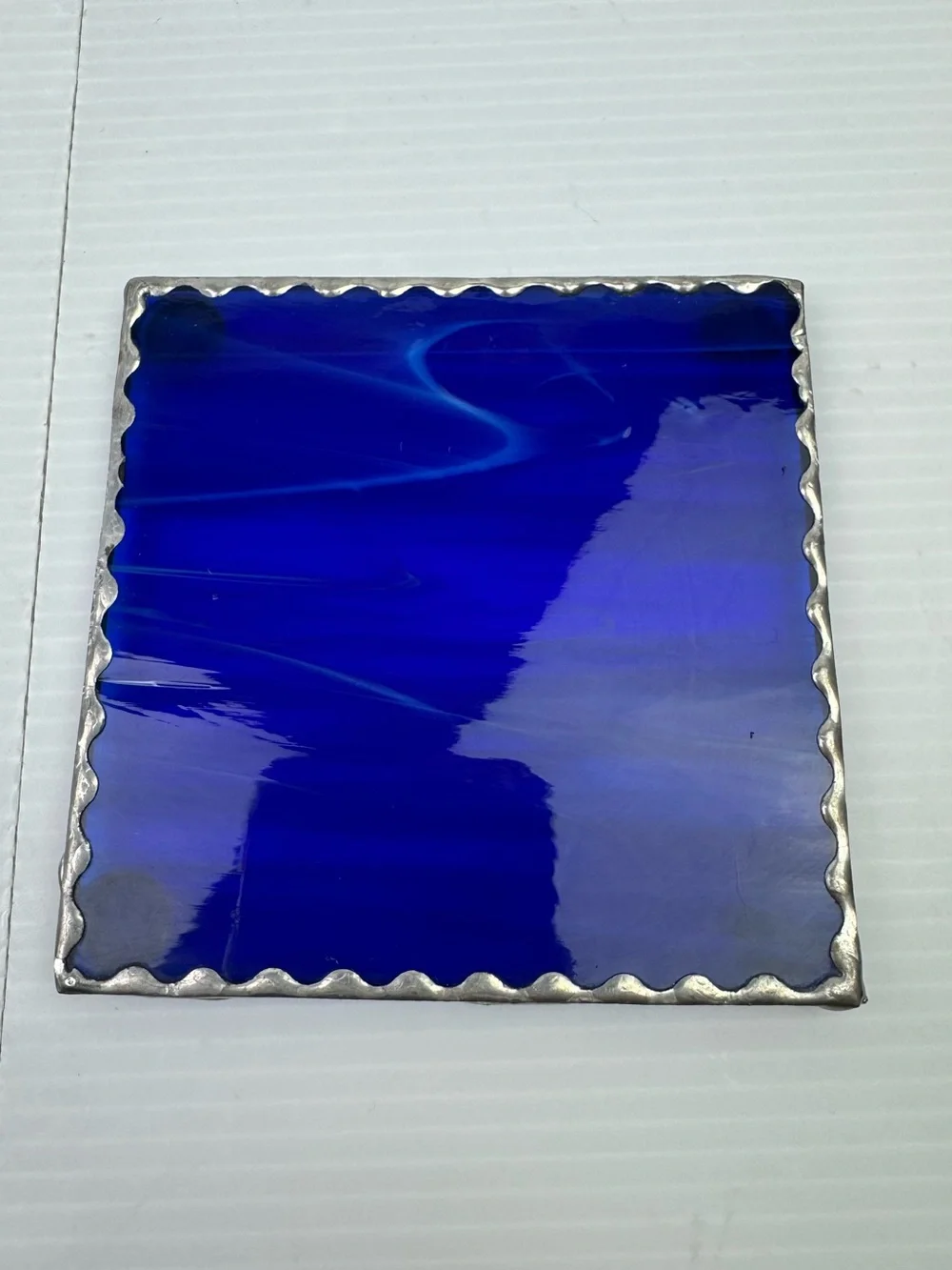 VTG Lot Of 4 Stained Glass Blue Marble Looking Coasters Metallic Boarder 4”Decor